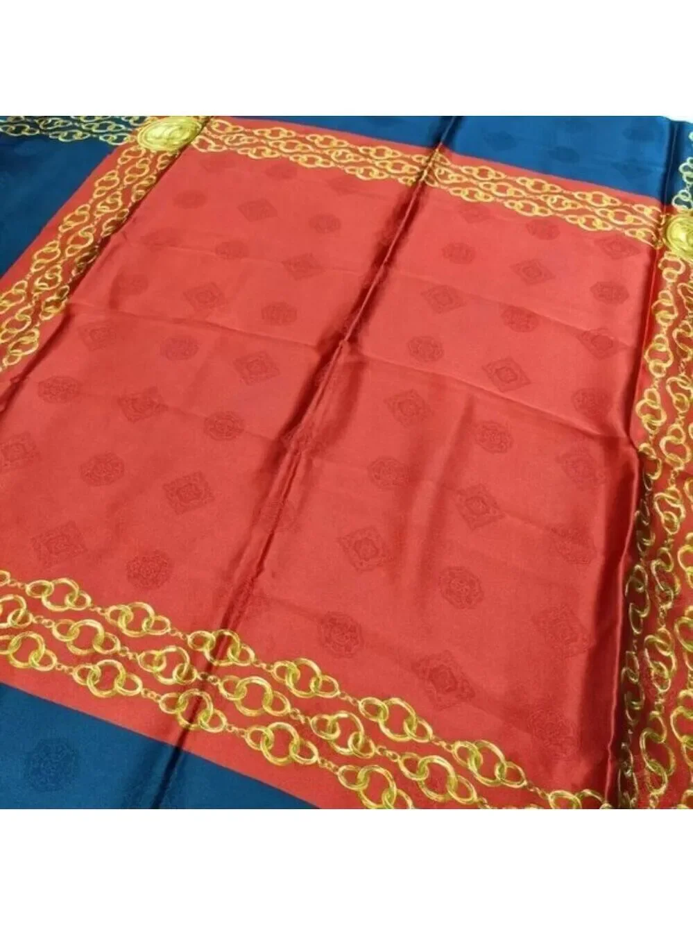 Chanel Vintage Silk Scarf Navy Red Gold Chain Medallion Square Designer Wrap